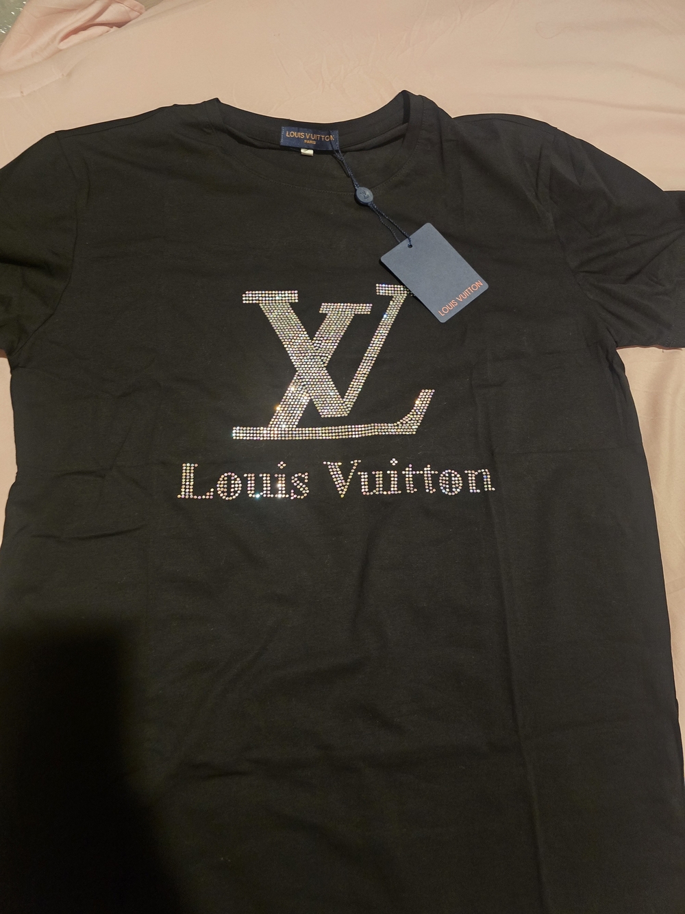 Louis Vuitton Black Rhinestone Logo Tee - Picture 2 of 9